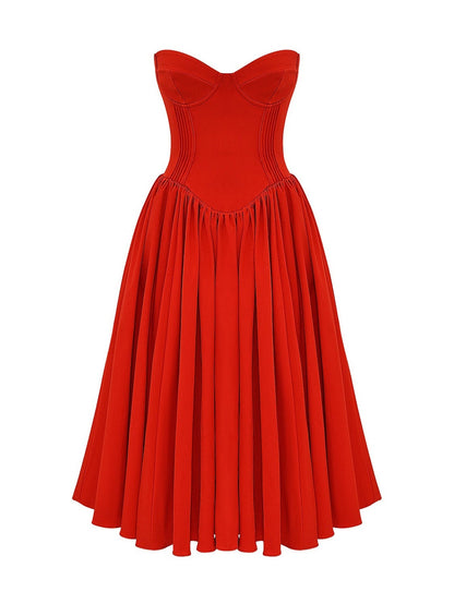 Strapless Pleated Flare Midi Dress