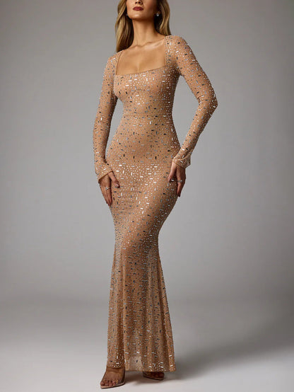 Glamorous Beaded Long-Sleeve Gown for Special Events