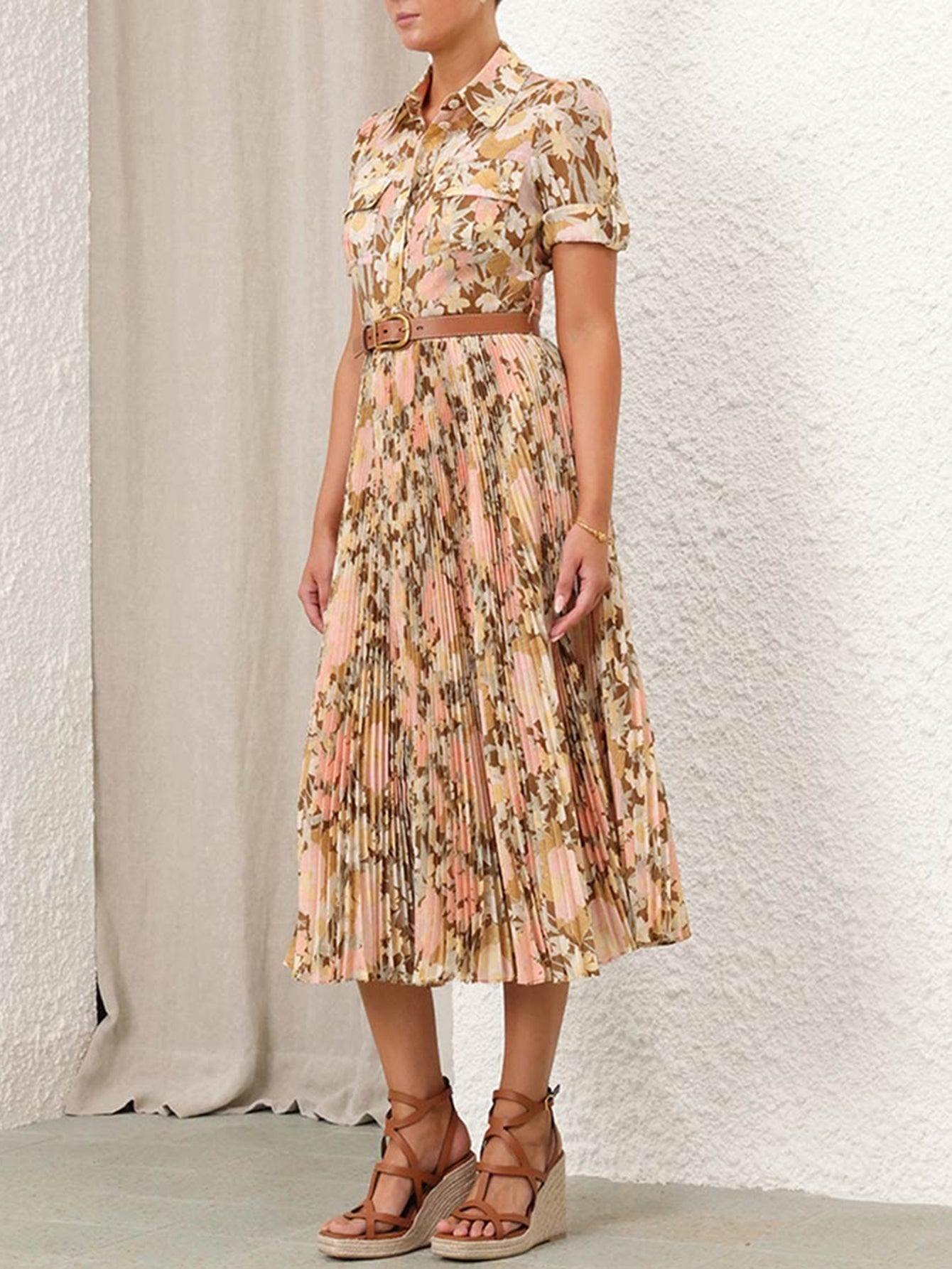 Elegant Floral Pleated Midi Dress