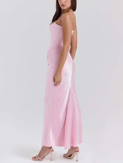 Elegant Strapless Satin Maxi Dress