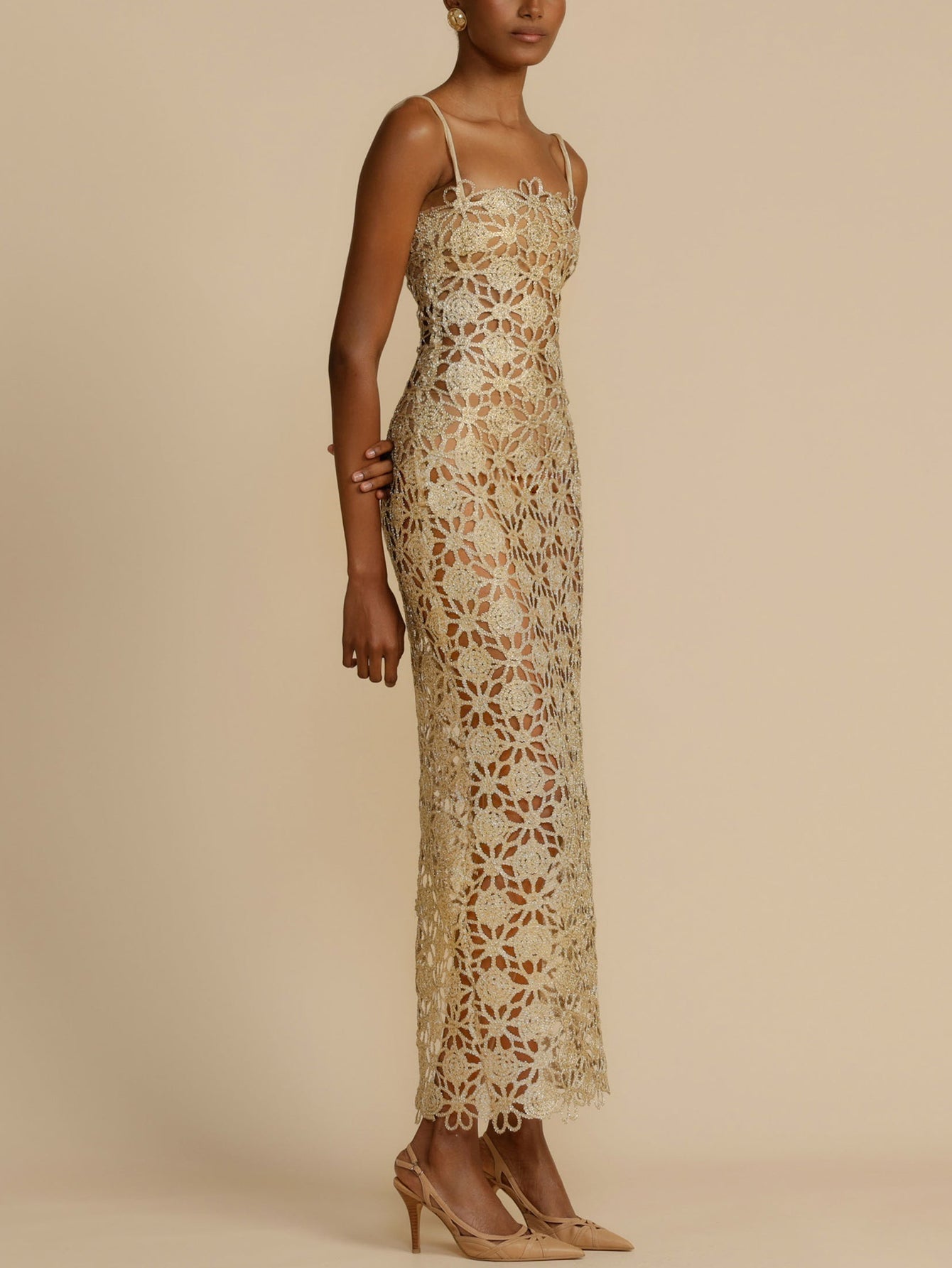 Halterneck Midi Dress with Intricate Crochet Detailing