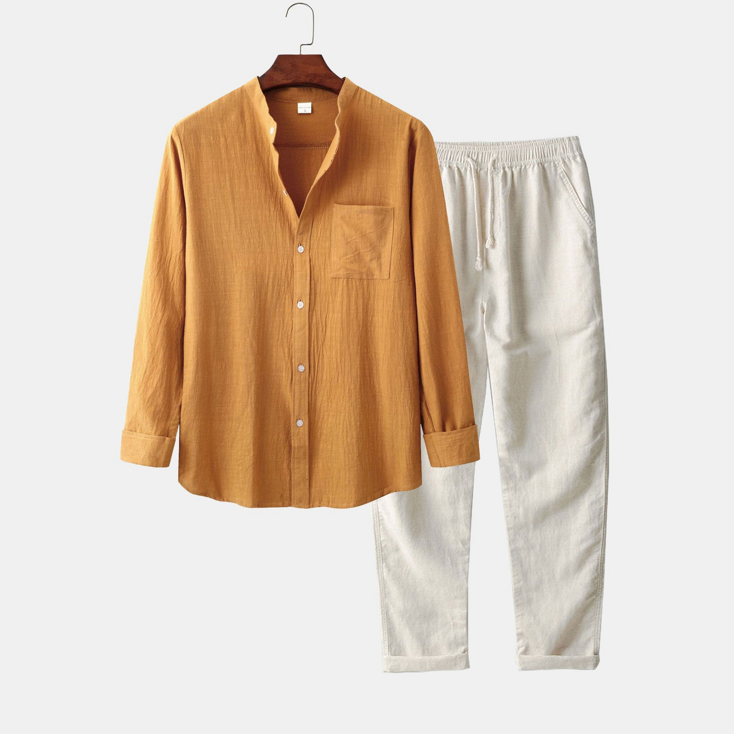 Long-Sleeve Linen-Look Shirt with Stand Collar and Straight-Leg Linen Pants