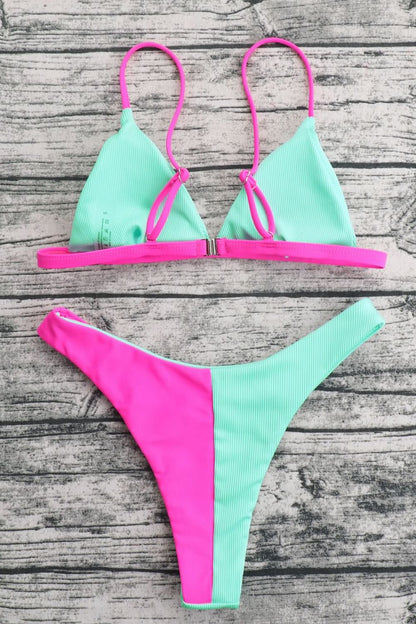 COLOR BLOCK RIBBED BIKINI SET