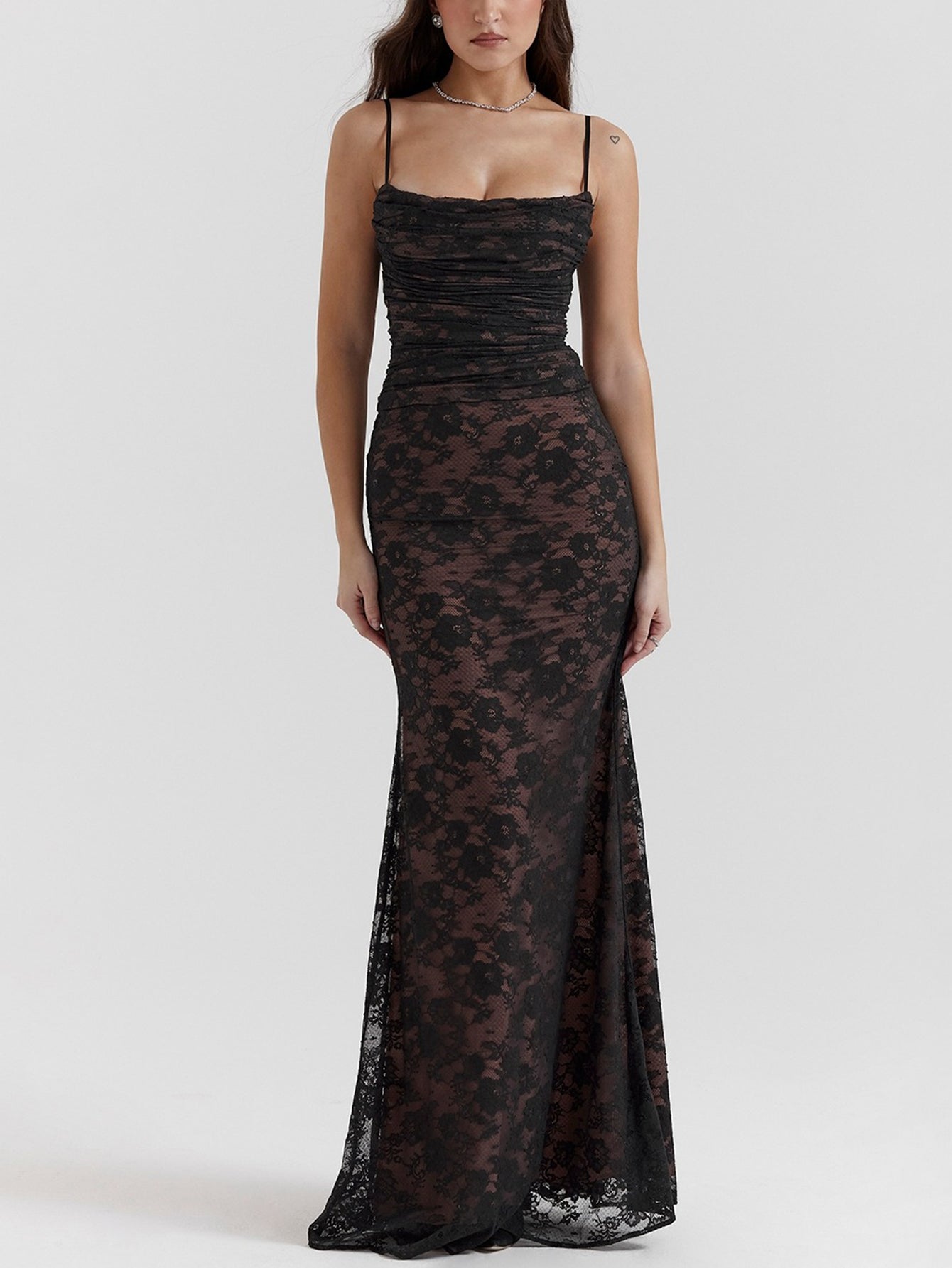 Sexy Shrug Ruched Lace Maxi Fishtail Dress