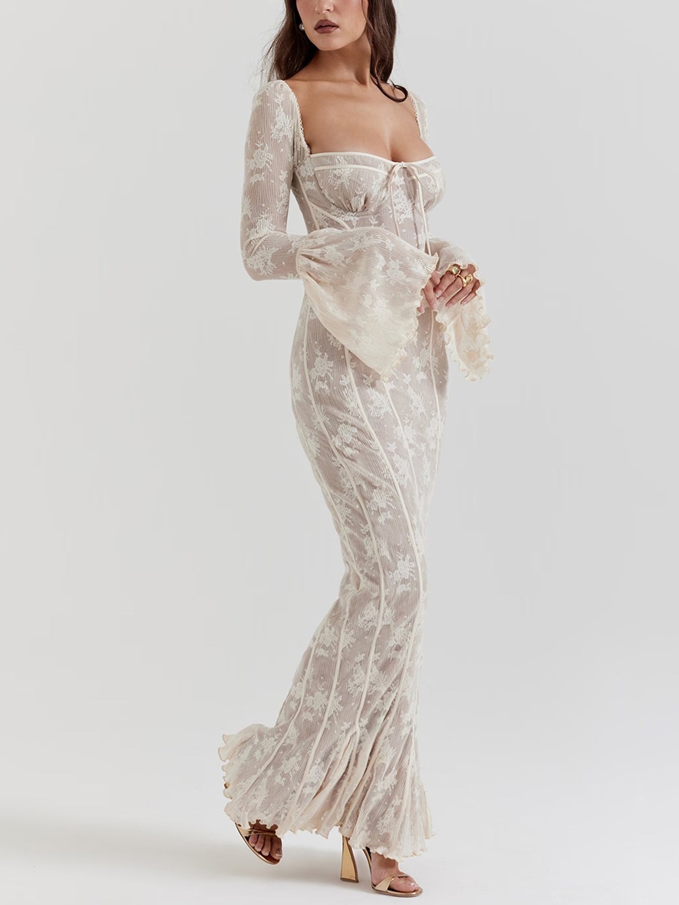 Floral Lace Gown with Flared Sleeves