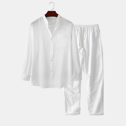 Long-Sleeve Linen-Look Shirt with Stand Collar and Straight-Leg Linen Pants