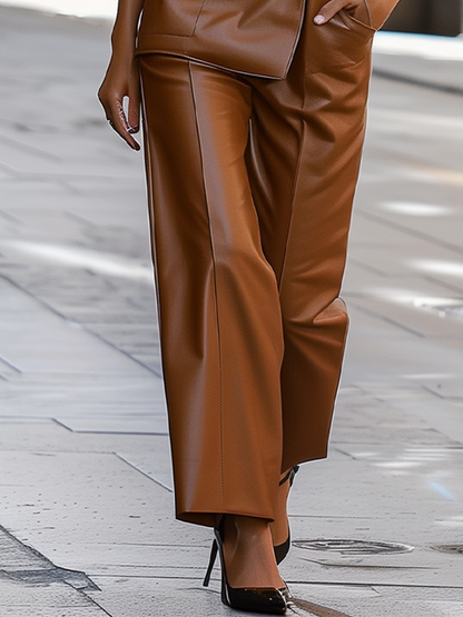 V-Neck Leather Suit Pants Two-piece Set