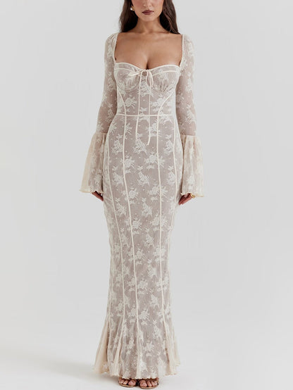 Floral Lace Gown with Flared Sleeves