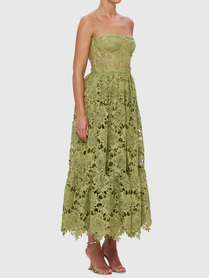 Green Guipure Lace Tea-Length Dress - Elegant & Timeless