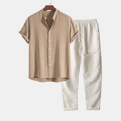 Linen-Viscose Blend Shirt with Mandarin Collar and Straight-Leg Linen Trousers