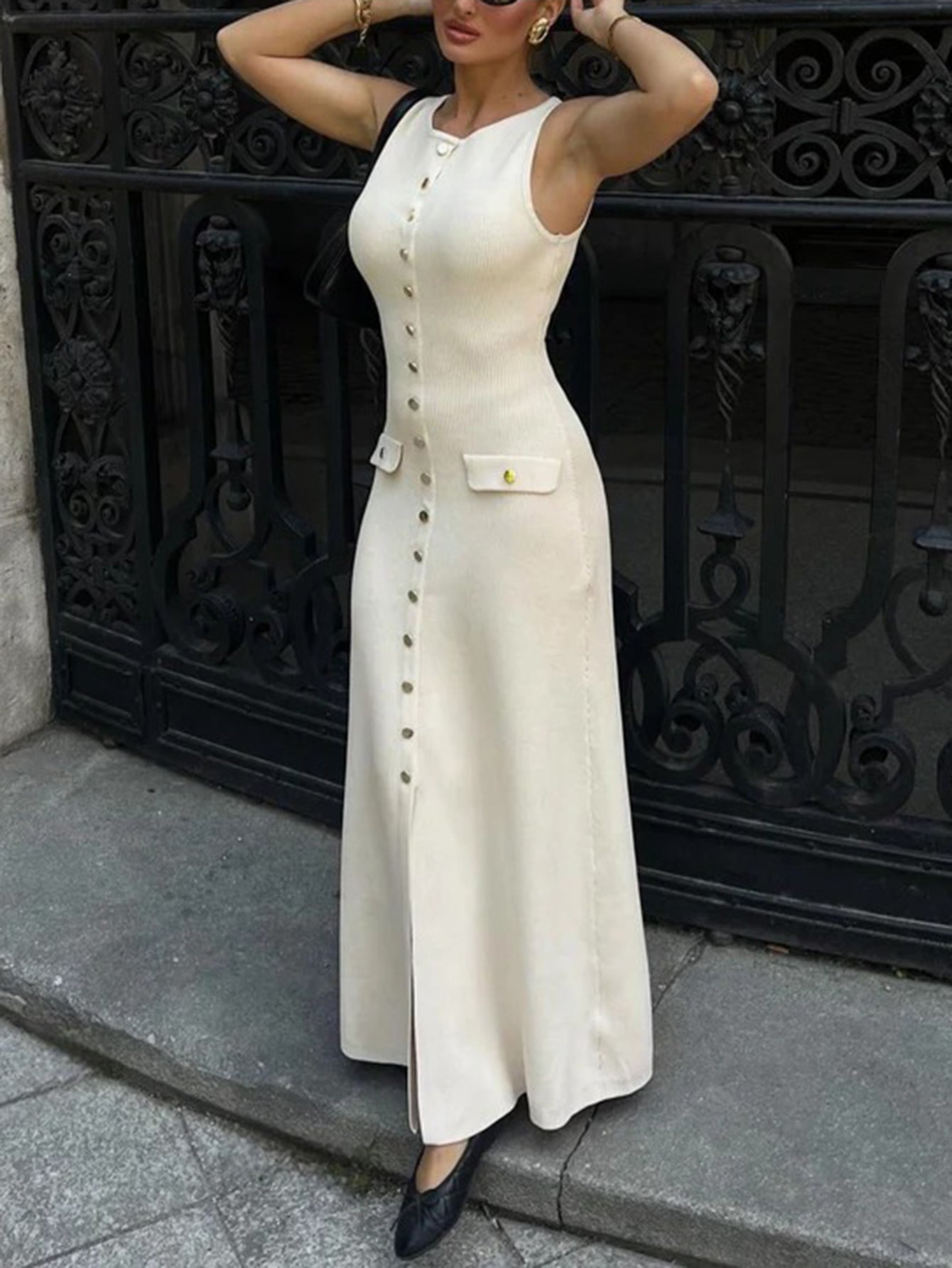 Sleeveless Button Down Knit Maxi Dress in Cream