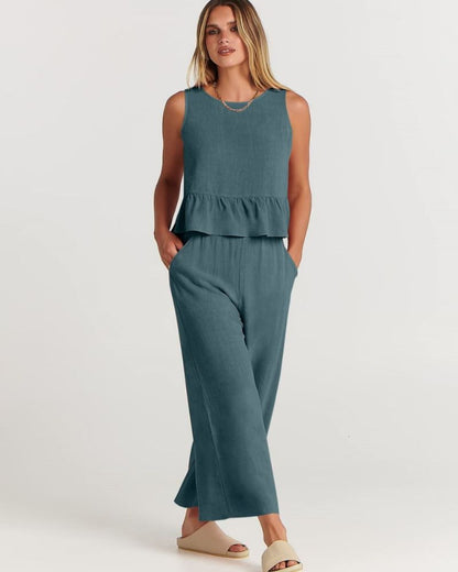 VALERINA - Casual Linen 2 Piece Top and Pants Set