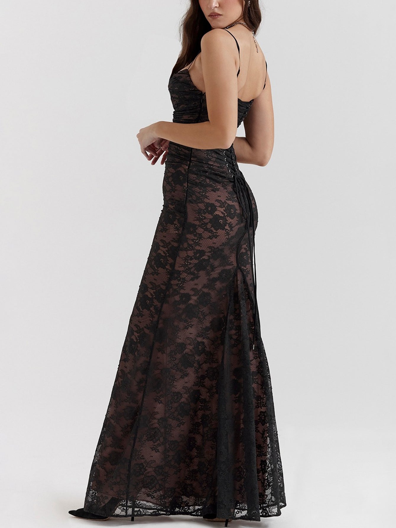 Sexy Shrug Ruched Lace Maxi Fishtail Dress