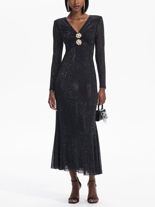 Sparkling V-Neck Gown with Brooch Detail