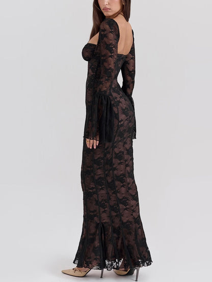 Floral Lace Gown with Flared Sleeves