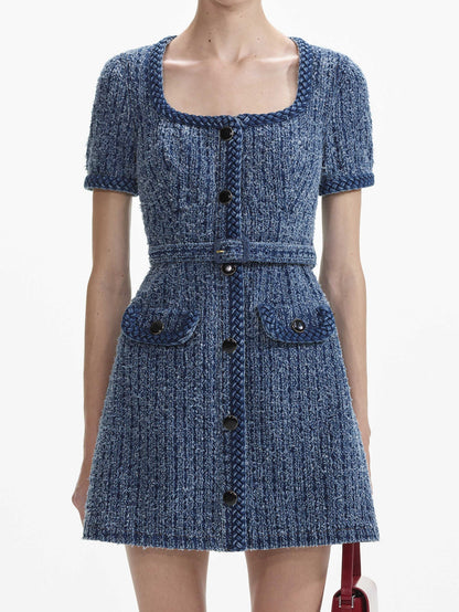 Tweed Belted Mini Dress with Braided Trim