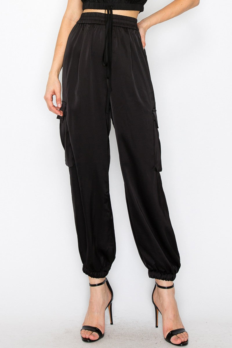 MAVEY SATIN CARGO PANTS