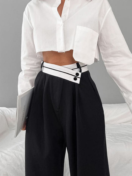 Asymmetrical Contrast Waistband Wide Leg Dress Pants