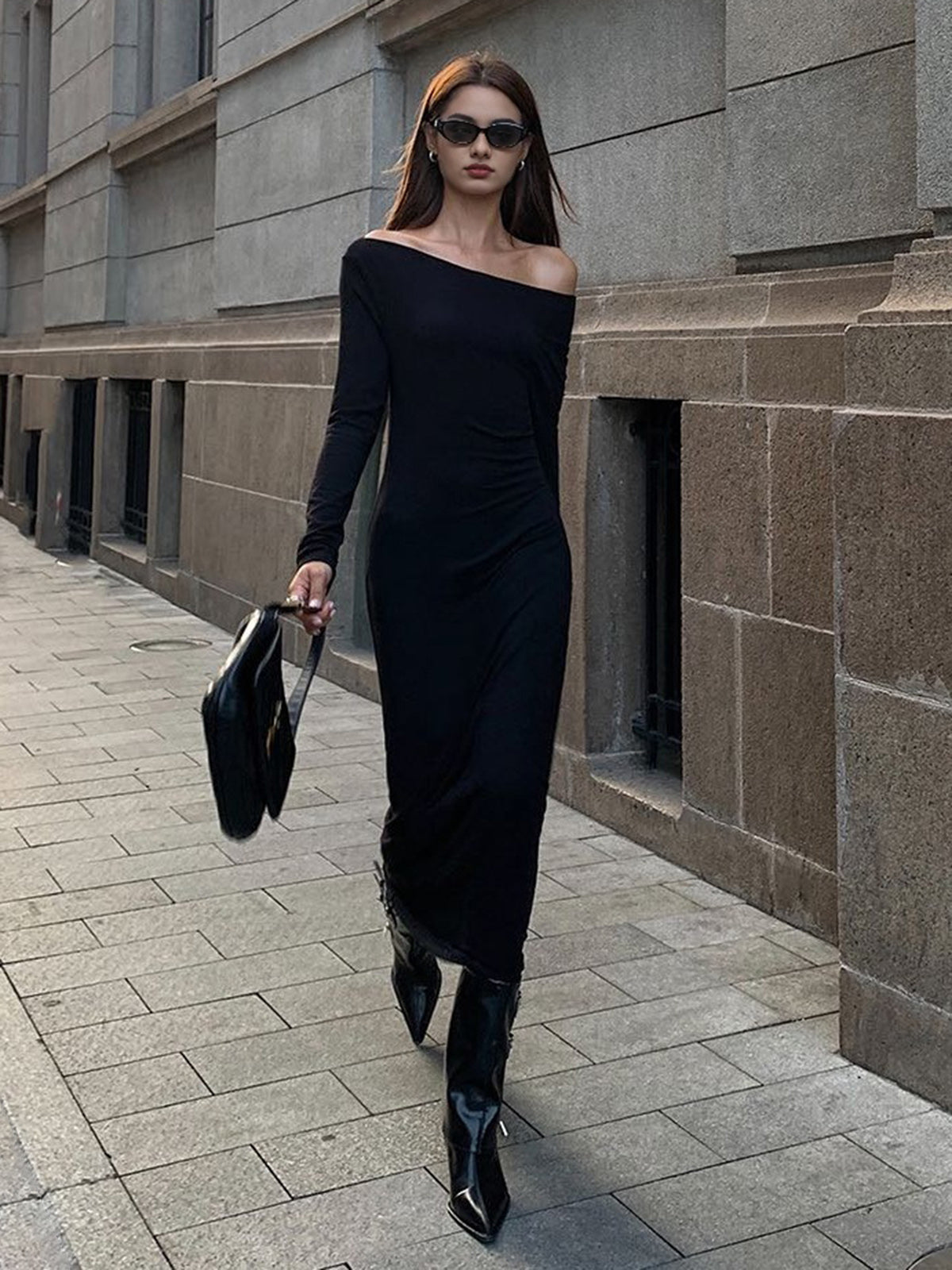 Off Shoulder Ribbed Long Sleeve Knit Long Dress