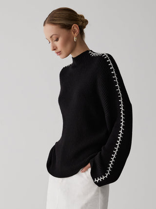 Mock Neck Contrast Knit Sweater