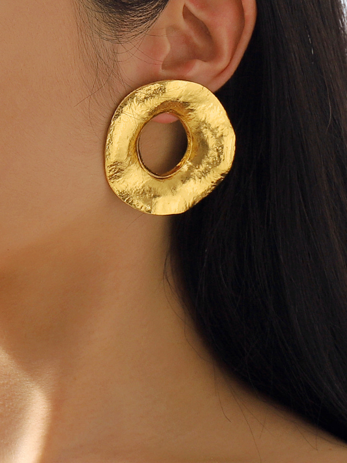 Gold Textured Metal Round Stud Earrings