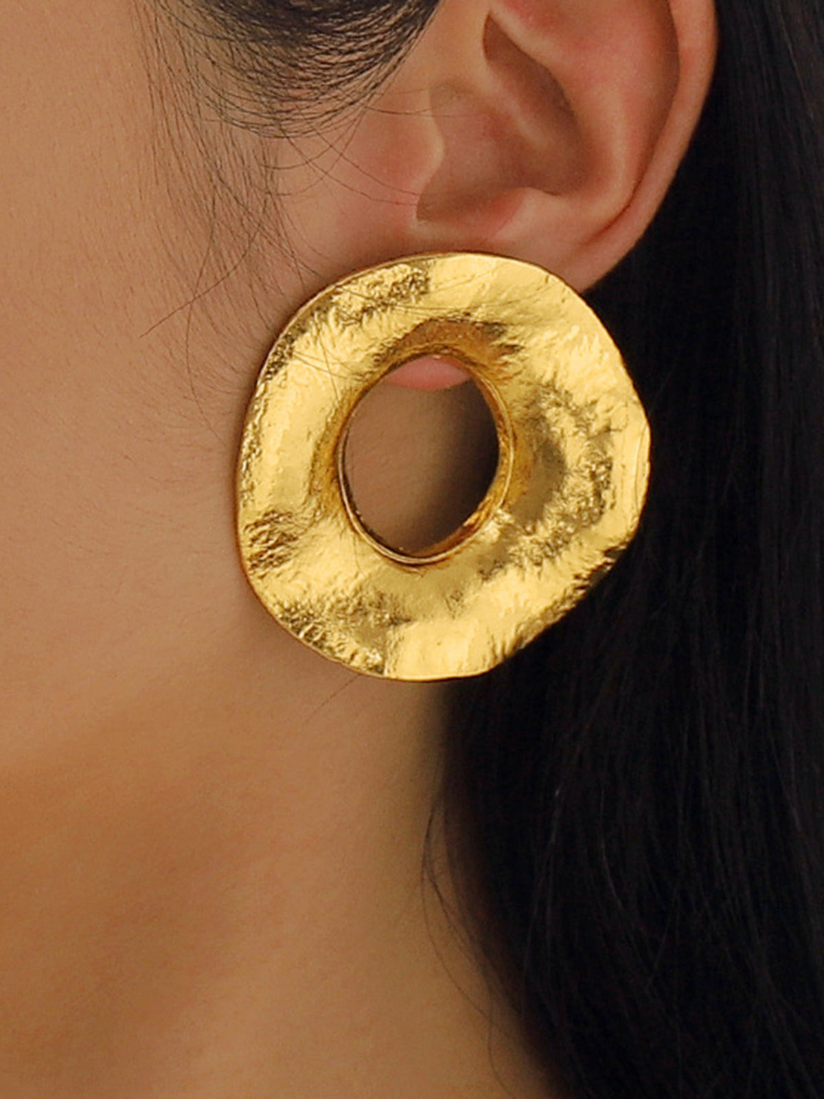 Gold Textured Metal Round Stud Earrings