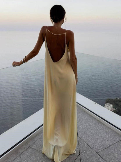 Backless Vacation Satin Long Dress