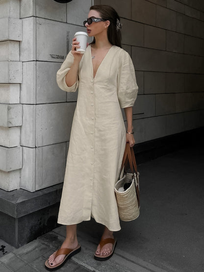 Cotton & Linen Button-Front Knotted Long Dress