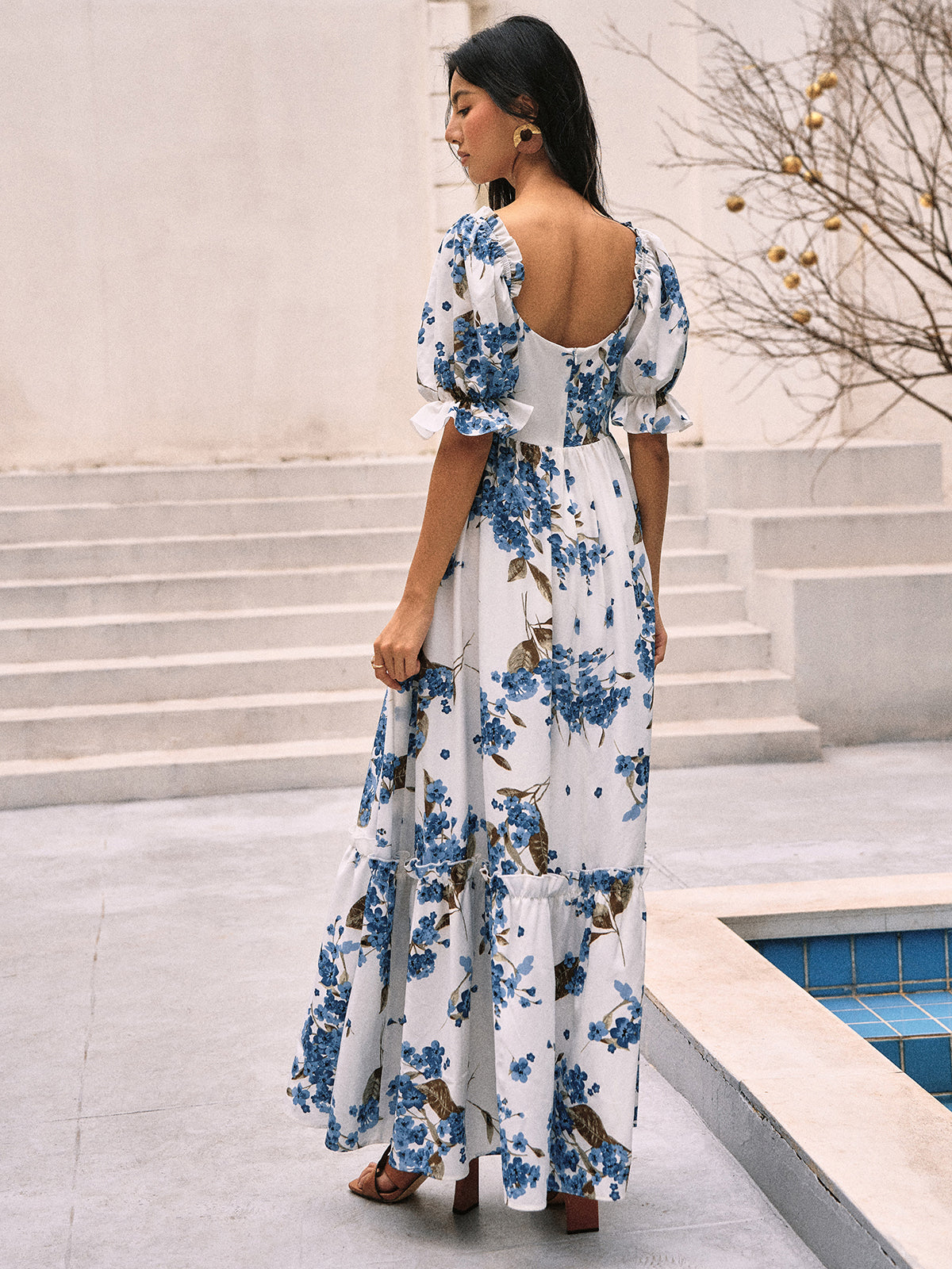 Floral Print Puff Sleeve Long Dress