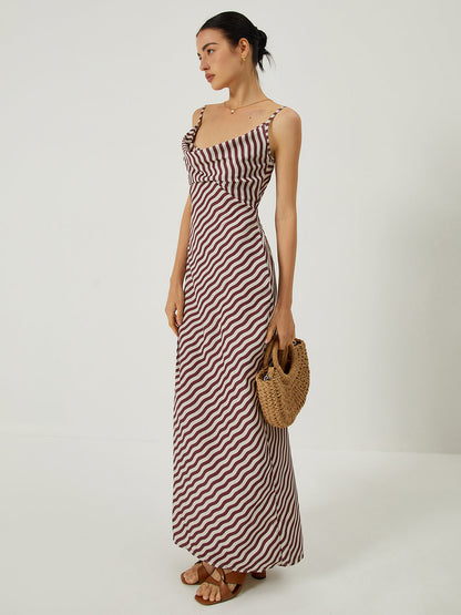 Stripe Low Cut Slim Long Dress