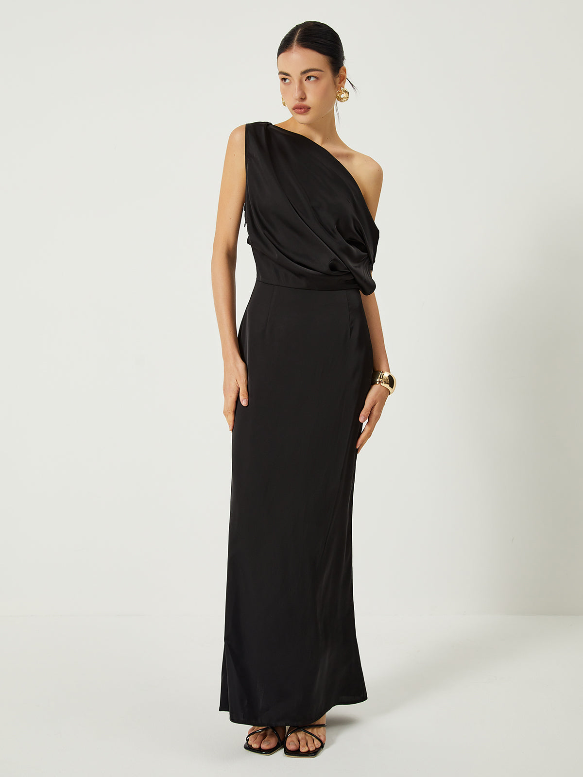 Satin One Shoulder Off Split Long Dress