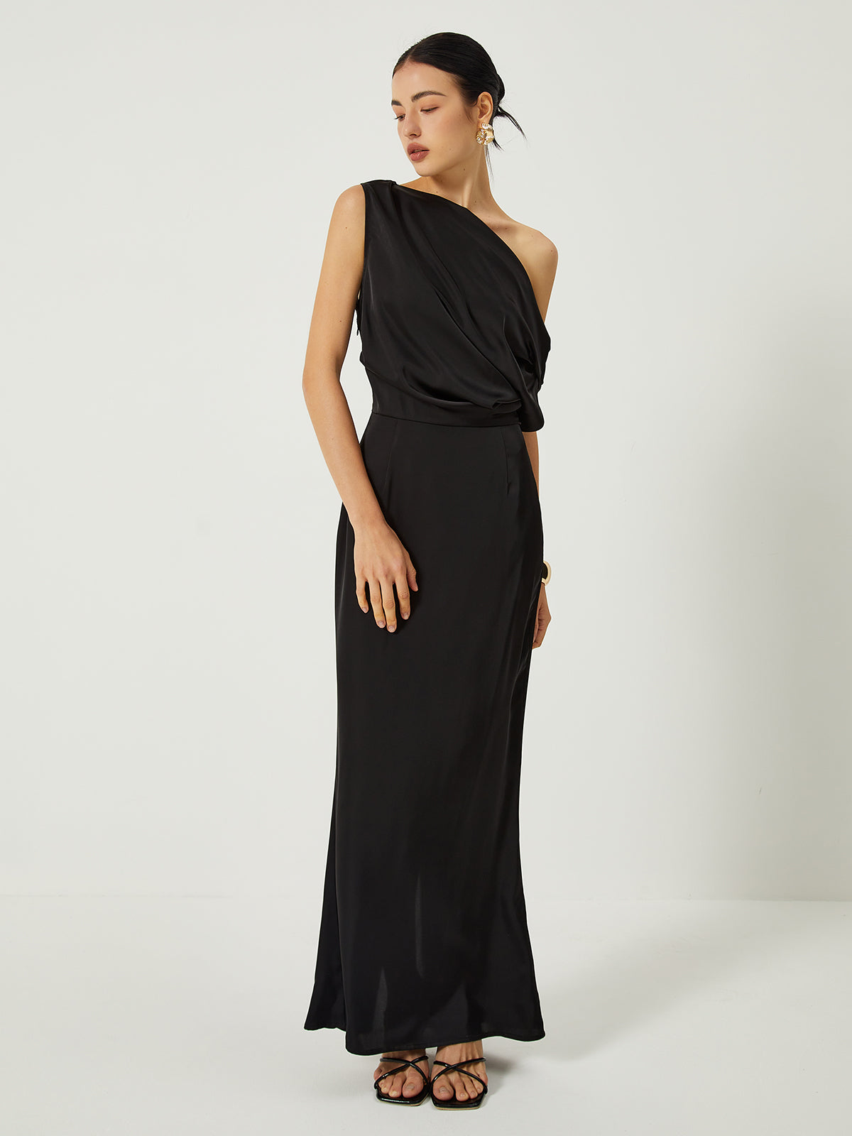 Satin One Shoulder Off Split Long Dress