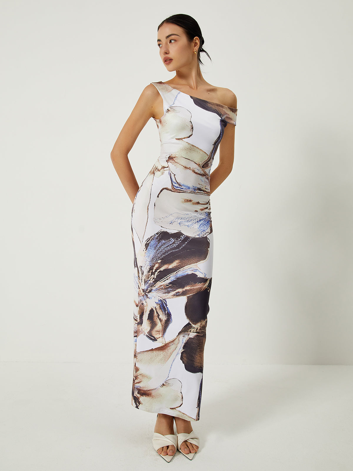 Asymmetrical Printed Off-Shoulder Slim Long Dress