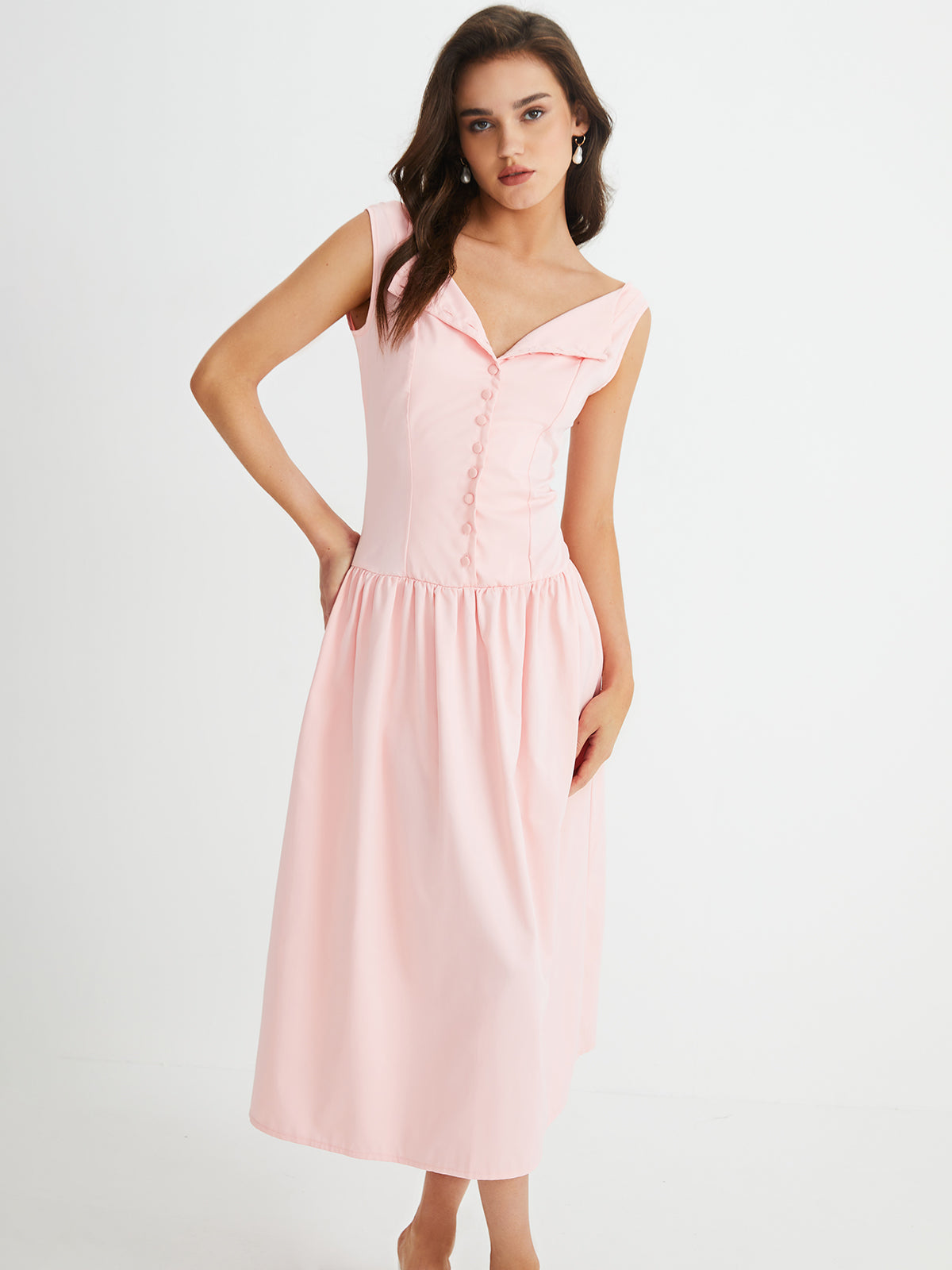 Multi-Button Sleeveless Pleated Midi Dress