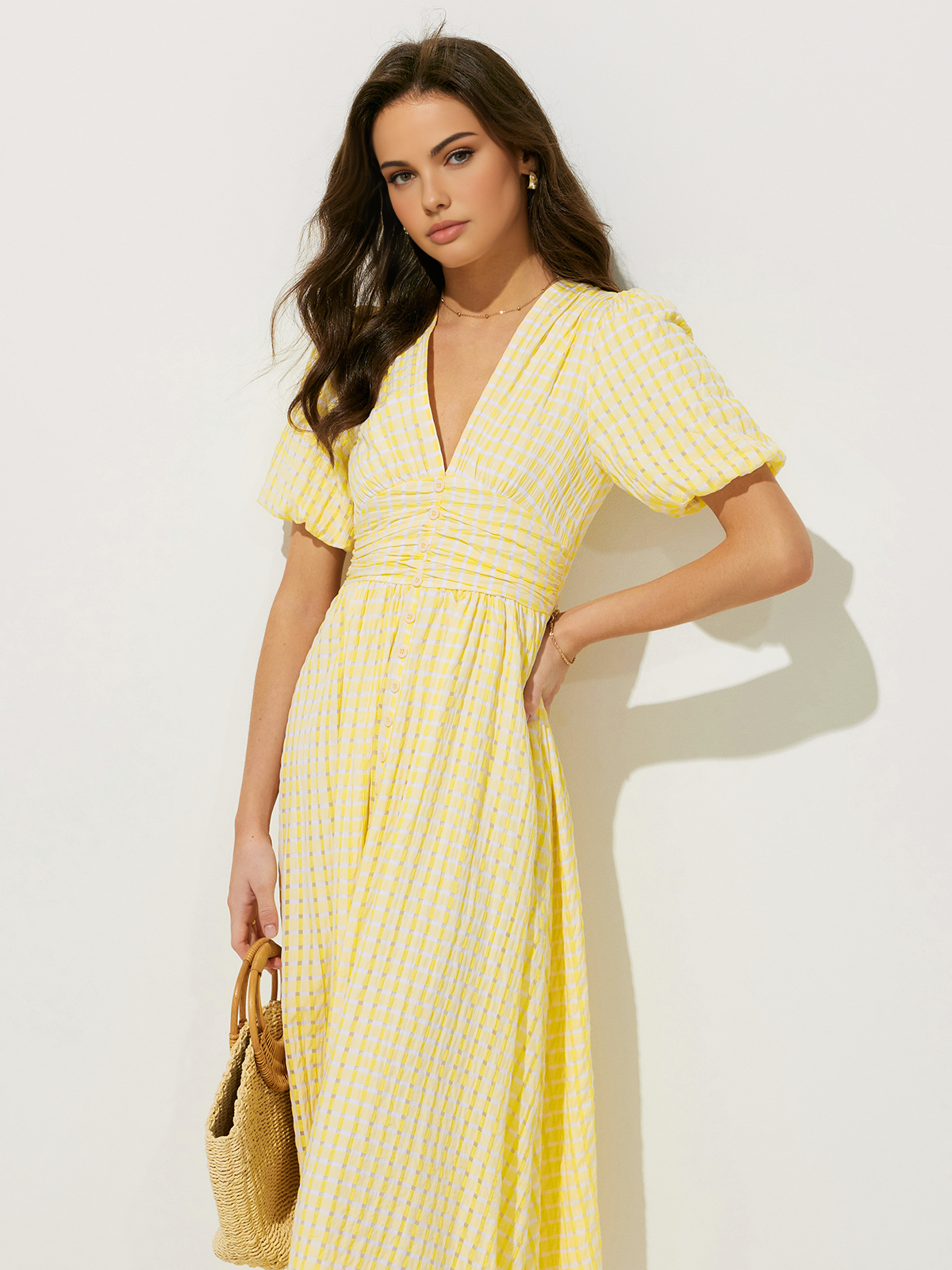 Plaid Pattern Puff Sleeve V-Neck Midi Dress