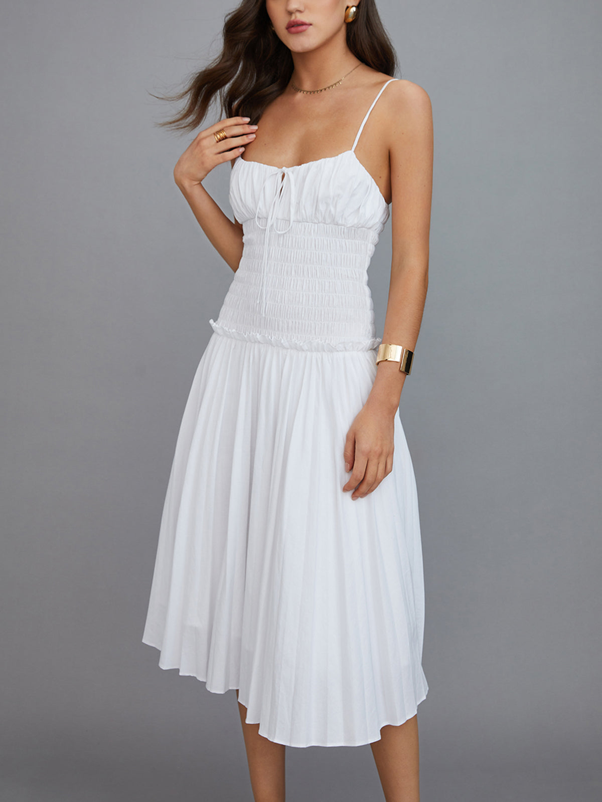 Cutout Tie Front Pleated Cami Midi Dress