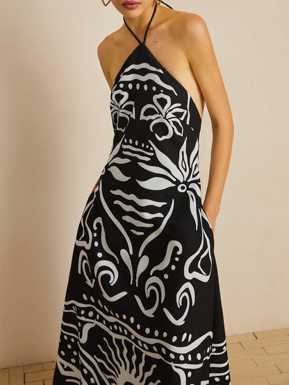 Print Halter Backless Long Dress