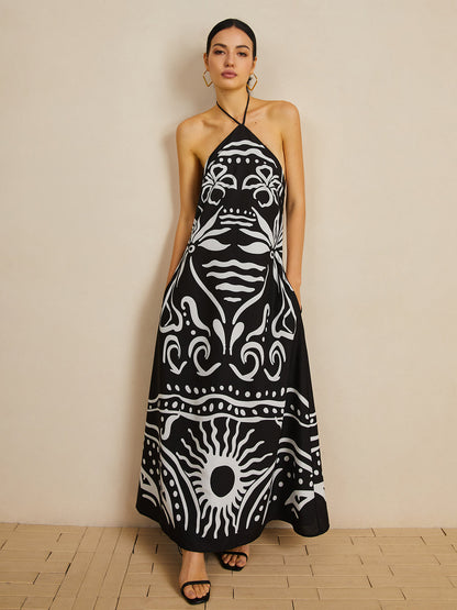 Print Halter Backless Long Dress