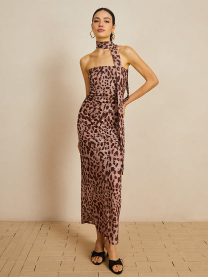 Leopard Print Mesh Halter Midi Dress