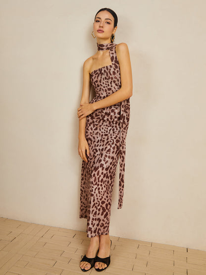 Leopard Print Mesh Halter Midi Dress