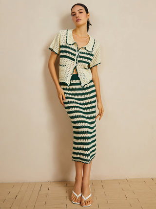 Contrast Trim Striped Skirt Set