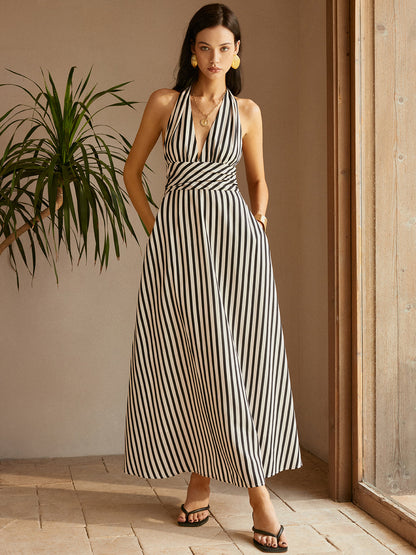 Stripe Backless Pockets Dress