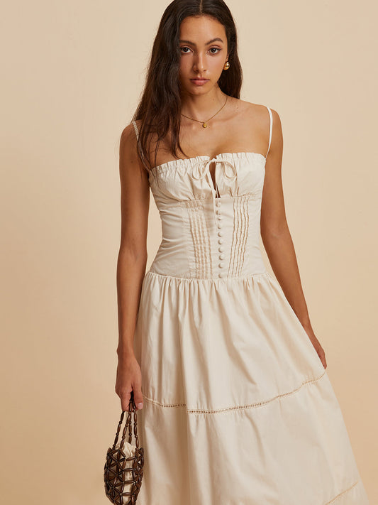 Cotton Pleated Low Cut Dress