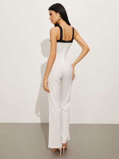 Contrast Trim Halter Bow Jumpsuit