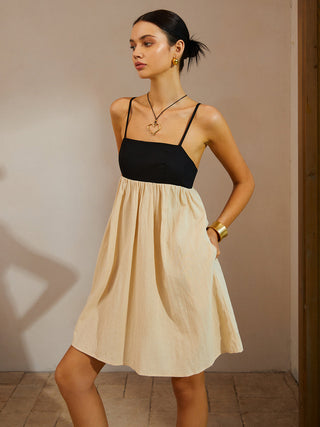 Color Block Backless Spaghetti Strap Short Dress