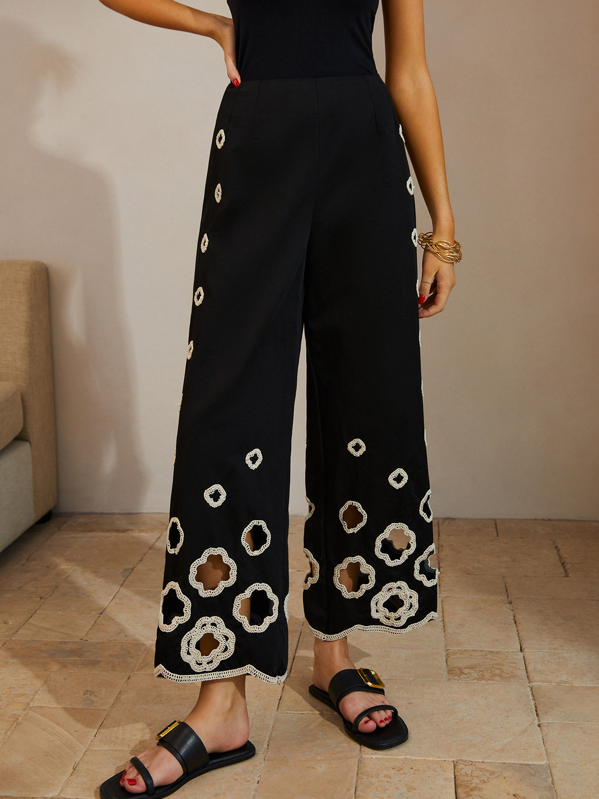 Cotton Hollow Embroidered Cropped Pants