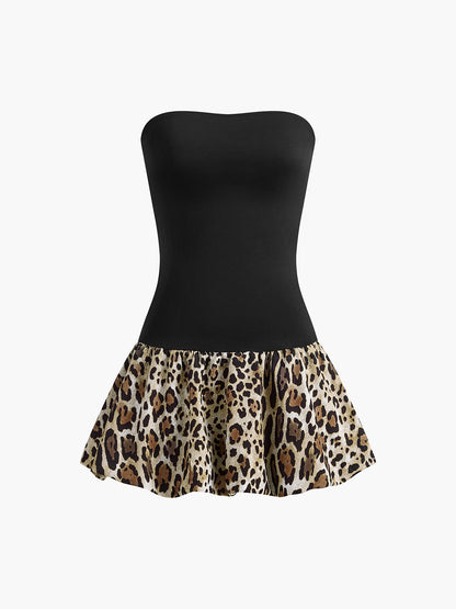 Leopard Print Paneled Strapless Short Dress