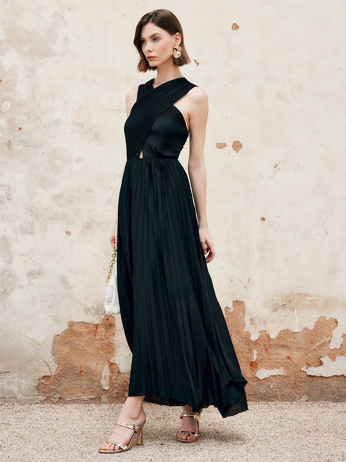 Criss Cross Pleated Long Dress