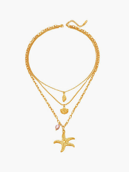 Triple Layers Pearl Starfish Necklace