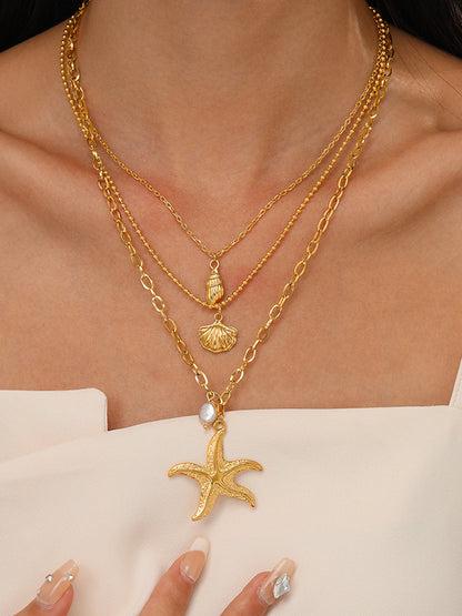 Triple Layers Pearl Starfish Necklace